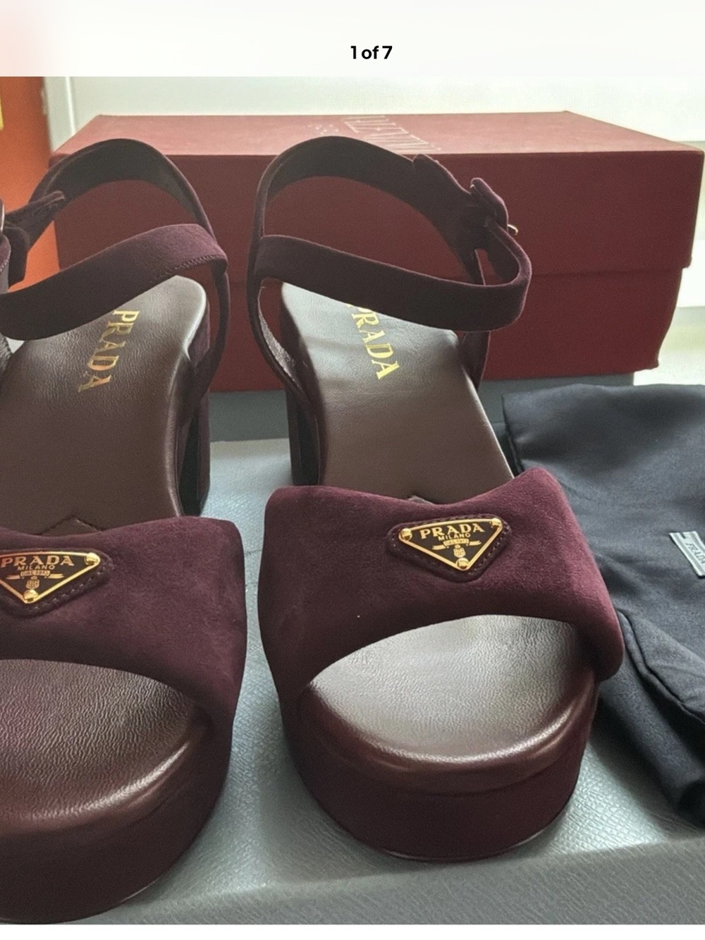 Prada Platform Suede Sandals in Deep Burgundy